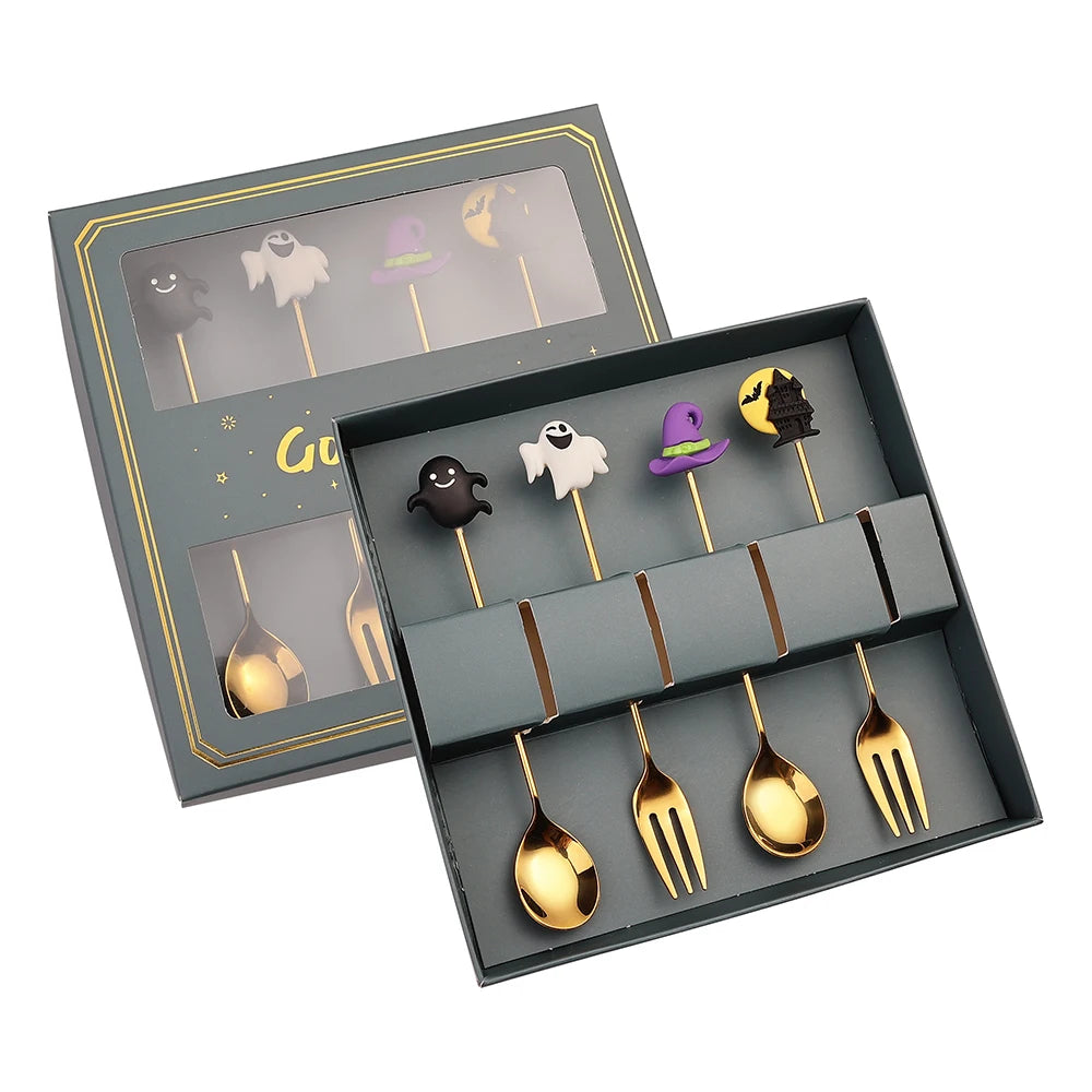 4-Piece Halloween Stainless Steel Spoon & Fork Set – Gift Box Flatware Gift Set Axl 4PCS Green Box F