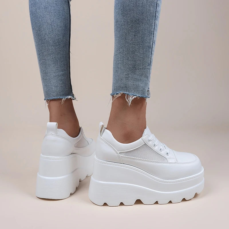 Women's White Wedge Platform Sneakers – Leather Chunky Pumps Wedge Platform Pumps Axl