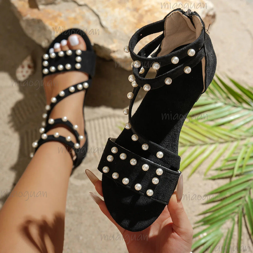Roma Pearl Flat Sandals – Women's Crystal Zip Slingback Shoes Flat Sandals Axl