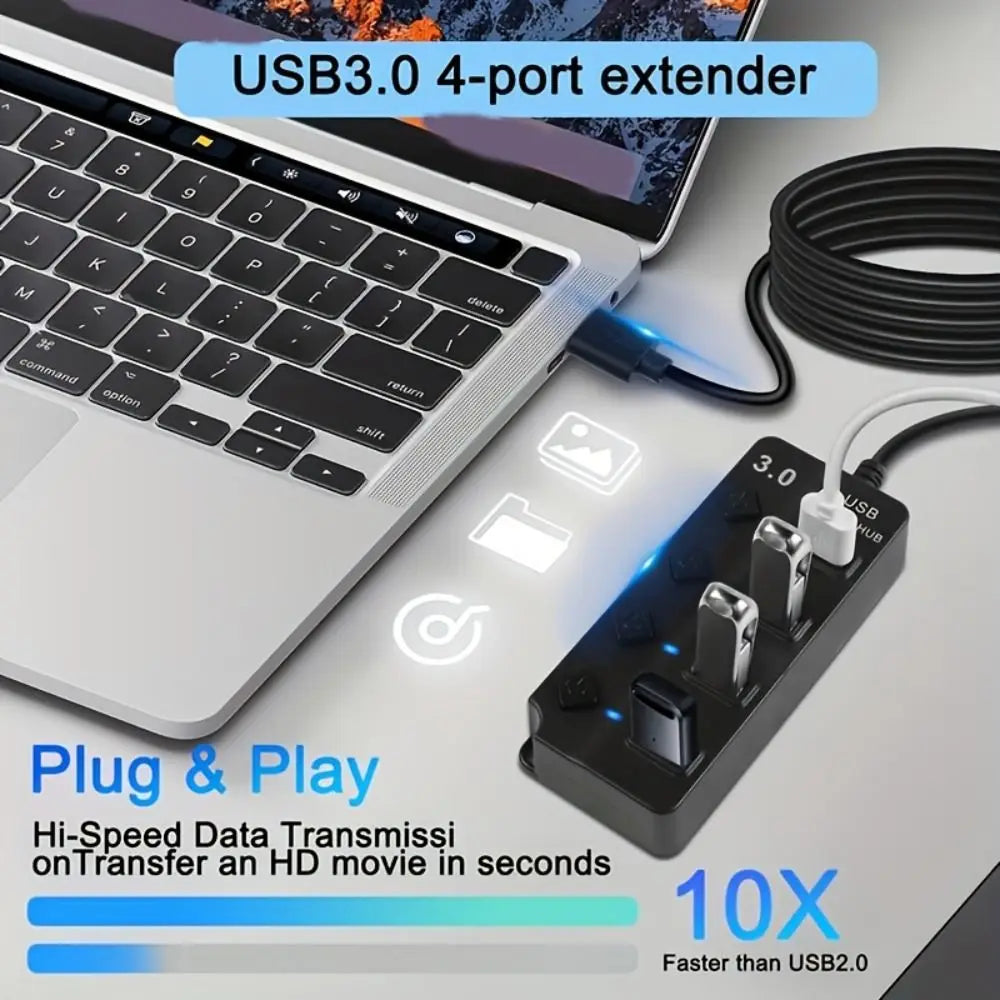 4-Port USB 3.0 Hub 5Gbps with Switch & Long Cable USB Hub Axl
