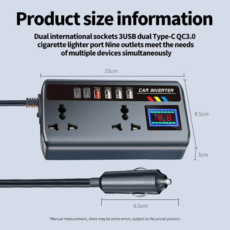 200W Car Power Inverter 9-in-1 | PD, QC3.0, USB-C & AC 220V Car Power Inverter Axl