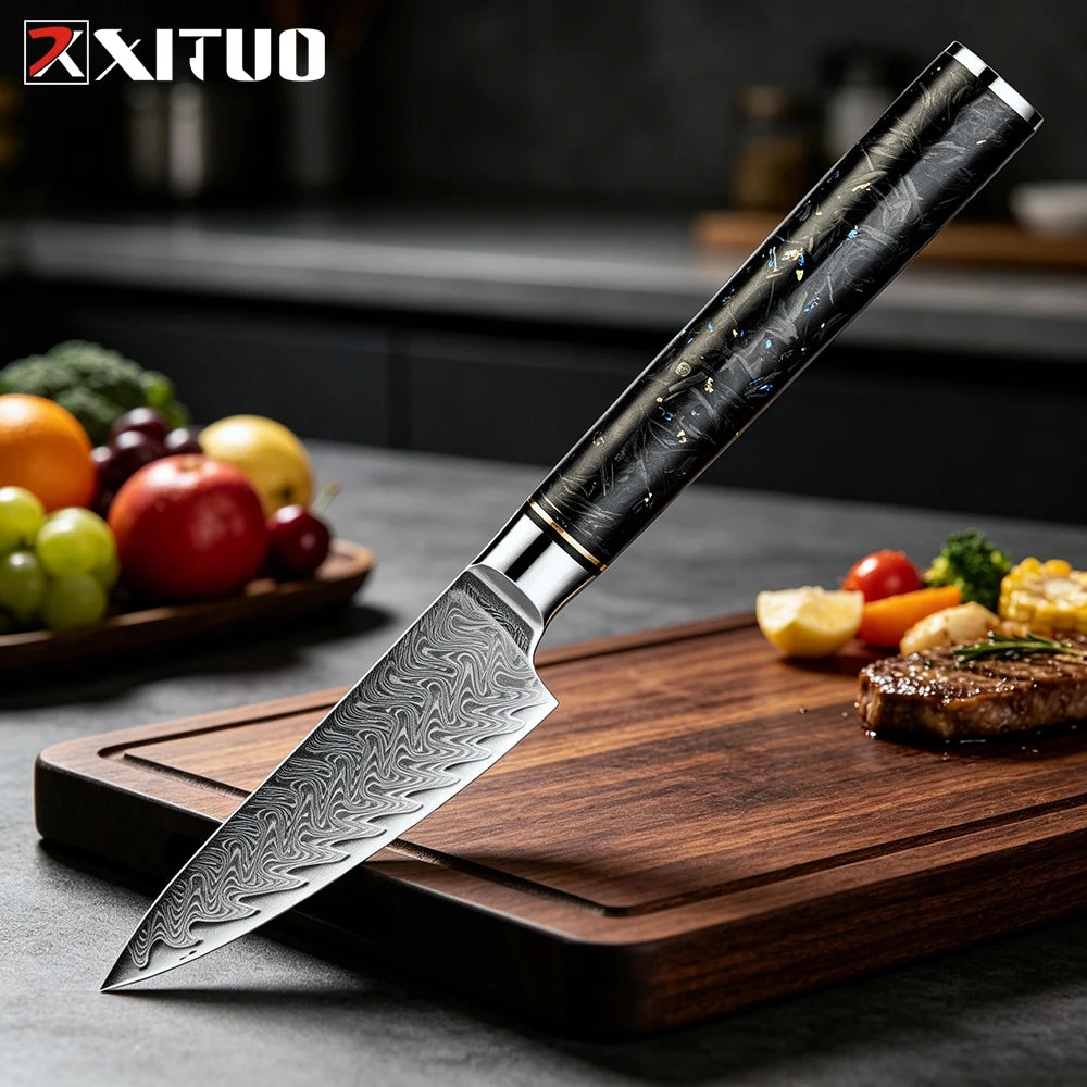 XITUO 7" Damascus Santoku Knife – Carbon Fiber Handle Santoku Kitchen Knife Axl Fruit knife