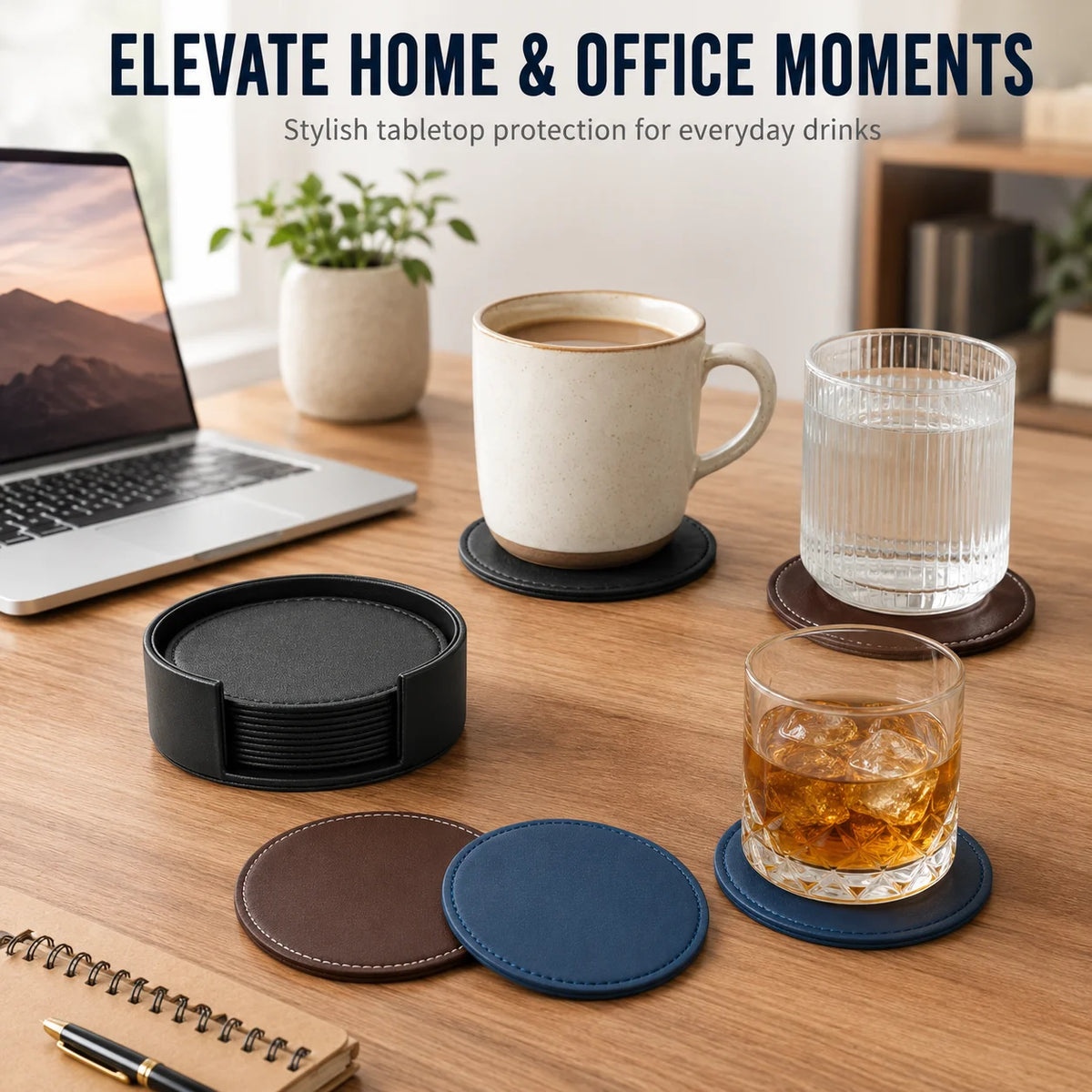 PU Leather Drink Coaster Set of 6 with Holder – Heat Resistant Drink Coaster Set Axl