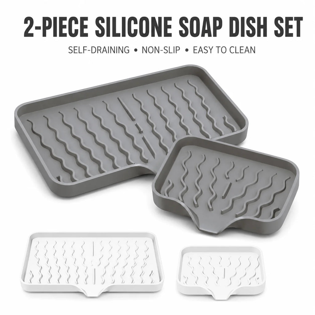 2-Pack Silicone Soap Dish Self-Draining Holder & Sponge Tray Soap Dish Set Axl