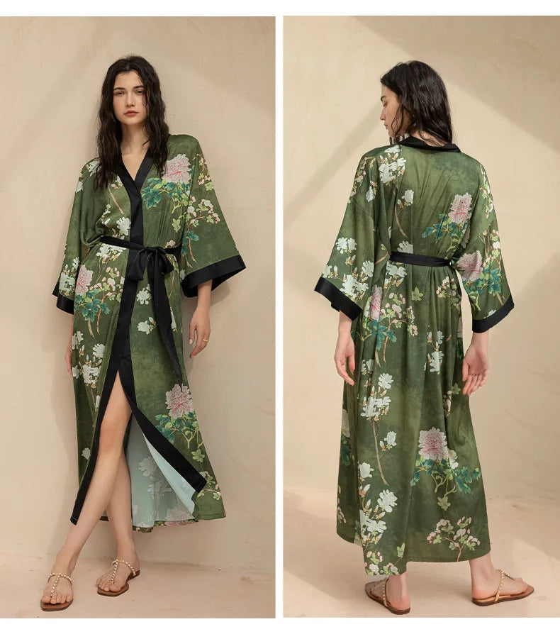 Women's Floral Satin Kimono Robe – Lace-Up Silk Bathrobe Satin Kimono Robe Axl 21 One Size
