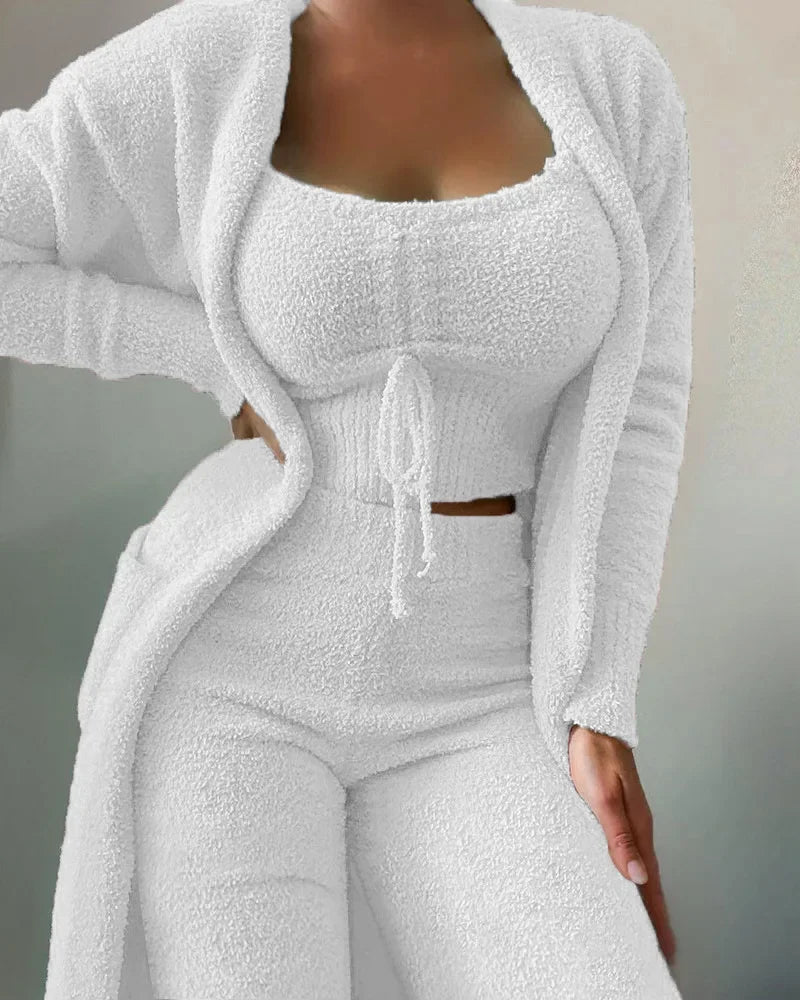 Women's Fluffy Winter Pajama Set 3-Piece Plus Size S–3XL Women's Pajama Set Axl white(Long pants) M