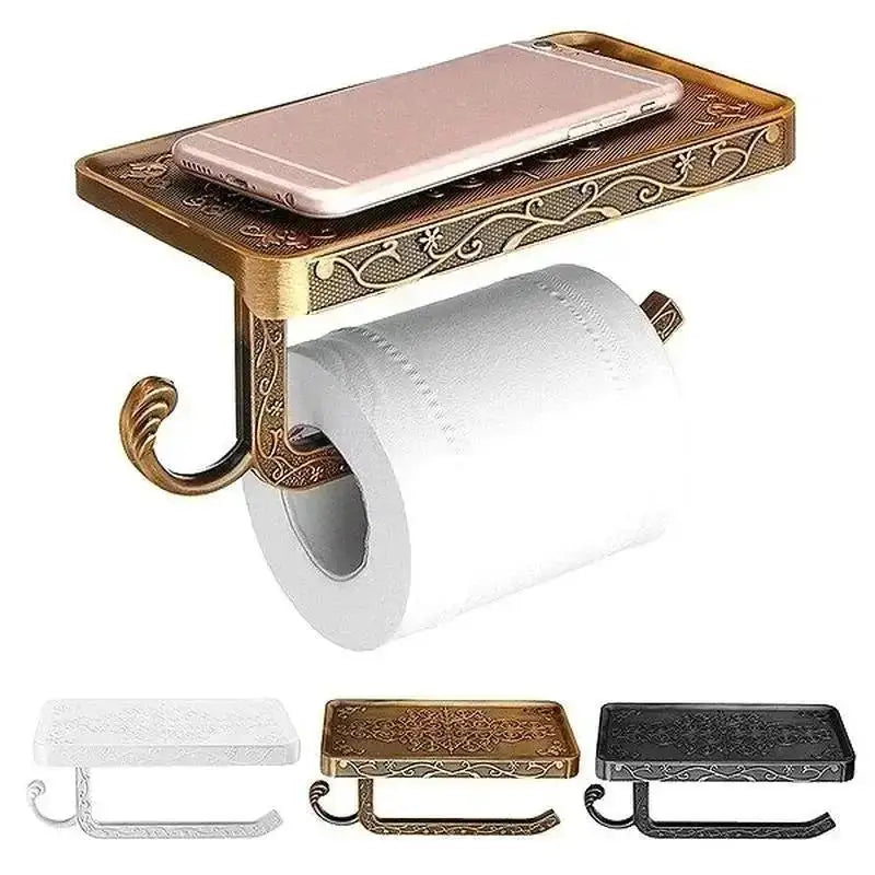 Carved Brass Toilet Paper Holder with Shelf & Phone Rest Toilet Paper Holder Axl