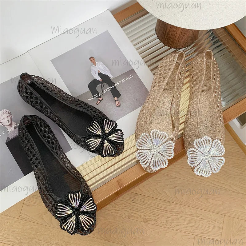Crystal Jelly Sandals – Diamond Flower Pointed Toe Flats for Women Women's Jelly Sandals Axl