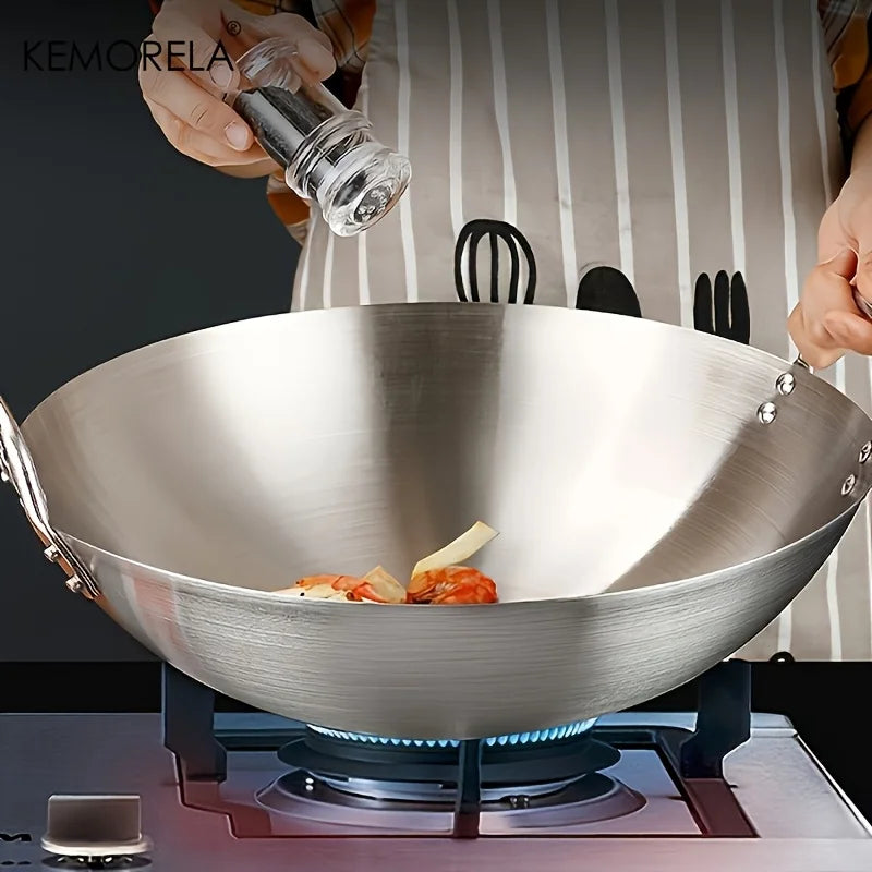 KEMORELA Stainless Steel Wok Uncoated 26–34cm | Double Handle Stainless Steel Wok Axl