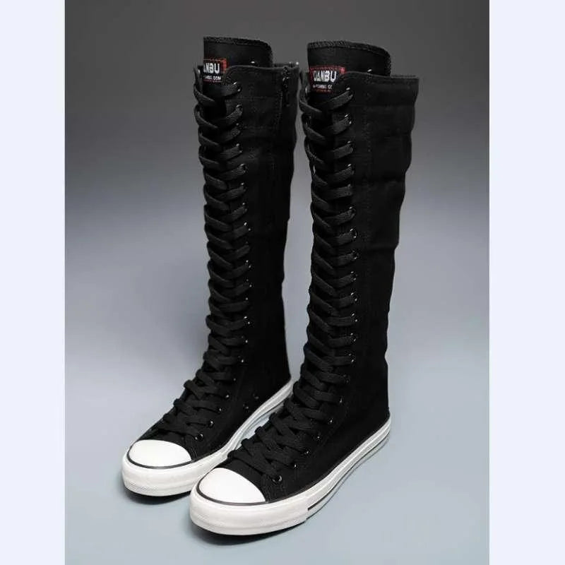 Women's High Top Canvas Knee-High Boots – Lace-Up Zipper Canvas Knee-High Boots Axl black 35