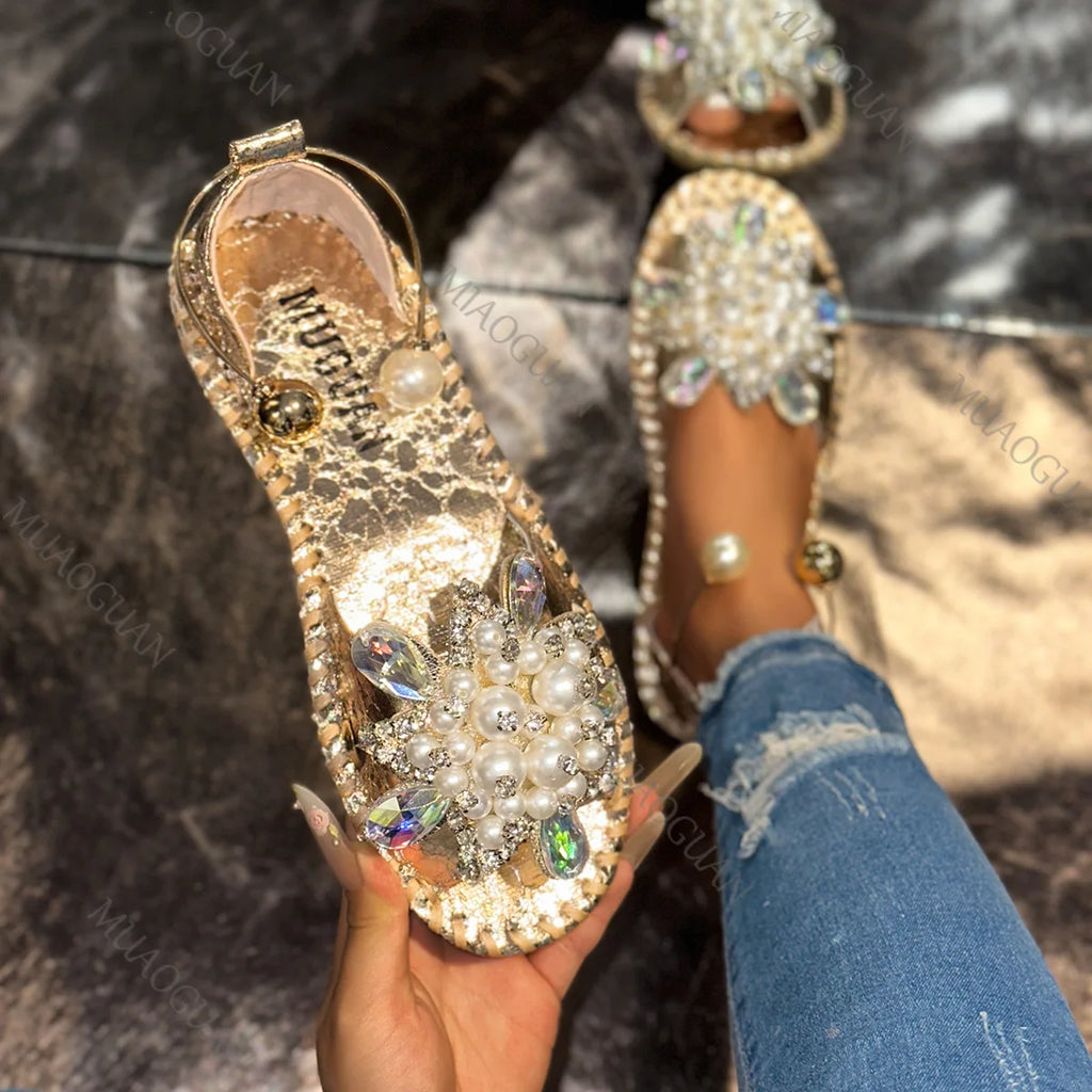 Women's Pearl Crystal Flower Flat Sandals – Bling Summer Slippers Flat Sandals Axl