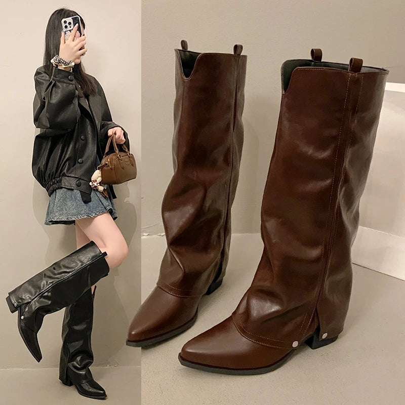Women's Pointed-Toe Chunky Heel Knight Boots | Rivet Style Knee-High Boots Axl