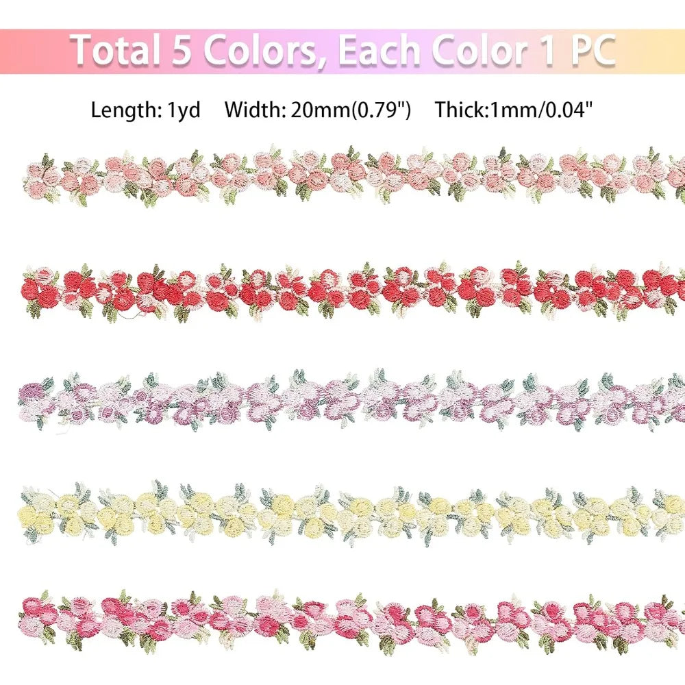 5-Color Floral Lace Trim Ribbon Set – 5 Yards, 20mm Wide Lace Trim Ribbon Axl