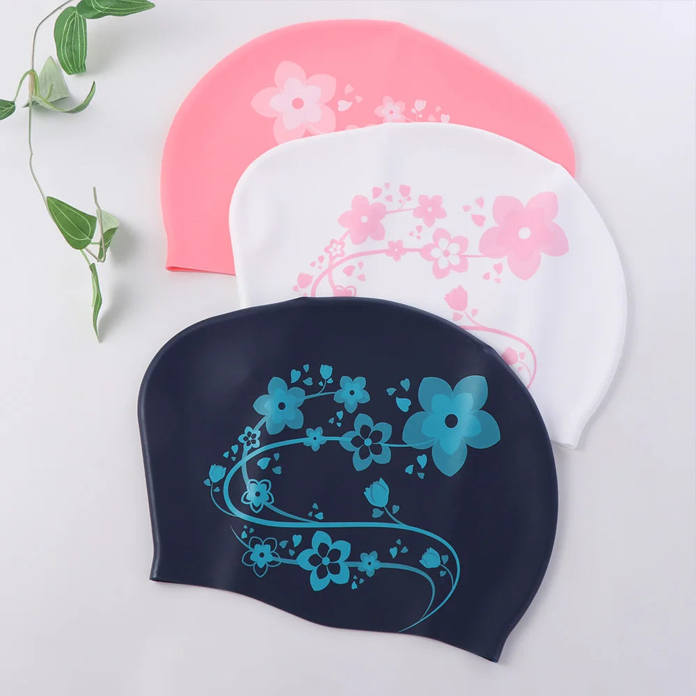 Floral Silicone Swim Cap – Women's Snorkeling & Diving Hood Silicone Swim Cap Axl Blue