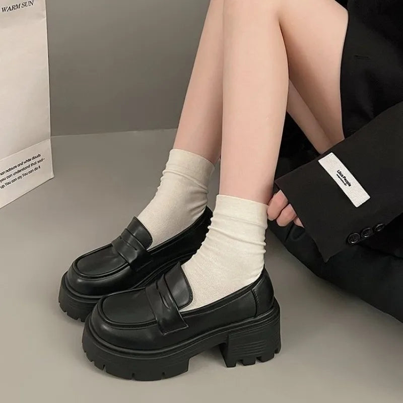 Women's Mary Jane Platform Loafers – Punk Slip-On PU Flats Platform Loafers Axl black matte 40