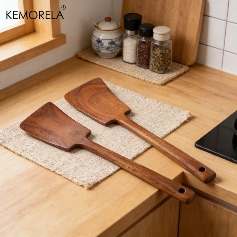 Acacia Wood Spatula for Non-Stick Pans | KEMORELA 1-2 Piece Set Wood Cooking Spatula Axl 2PCS