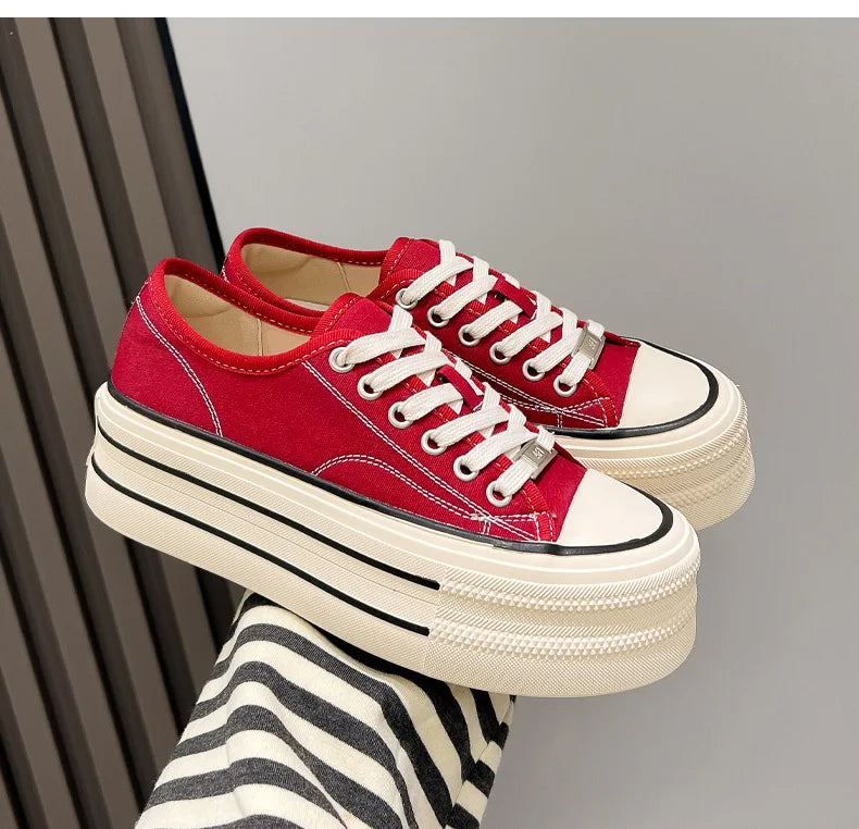 Women's Platform Canvas Sneakers – Casual Lace-Up Flats Canvas Flat Sneakers Axl red 38
