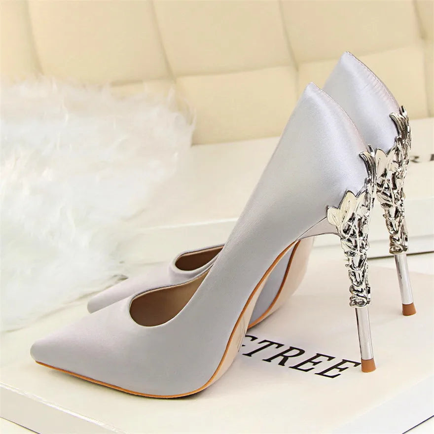 Women's Pointed Toe High Heel Pumps | 10cm Silk Wedding Shoes Women's High Heel Pumps Axl Silver gray 40.5