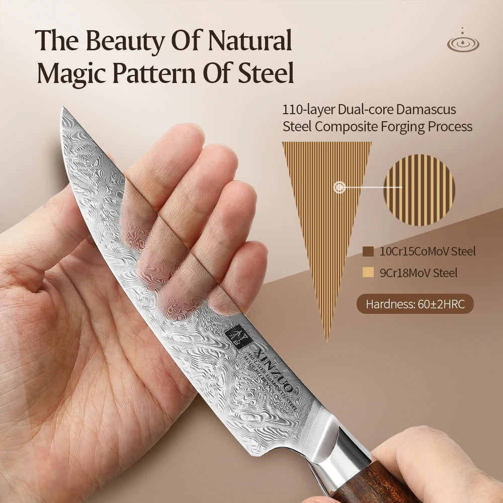 XINZUO 5" Damascus Steel Steak Knife – Desert Ironwood Handle Damascus Steak Knife Axl