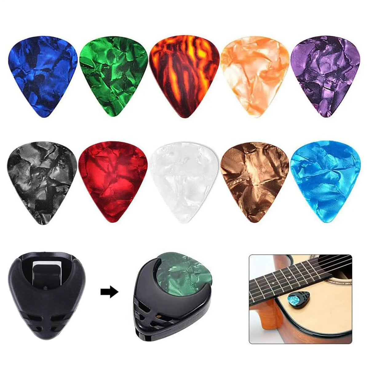 10-Piece Guitar Picks & Stick-On Holder Set | Acoustic & Electric Guitar Pick Set Axl