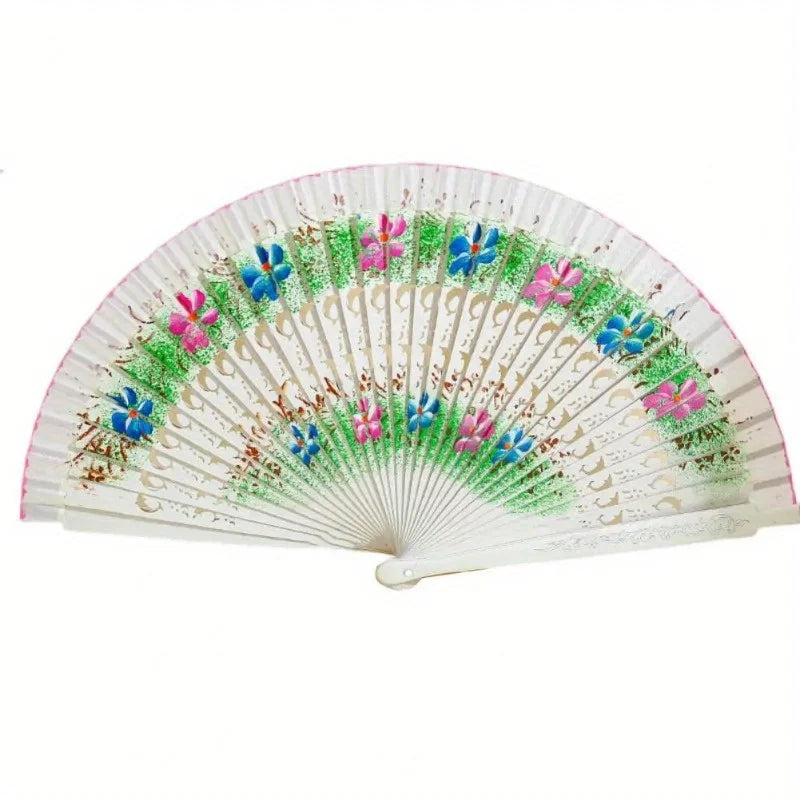 Wooden Spanish Folding Fan – Double-Sided Floral Dance & Decor Decorative Folding Fan Axl white