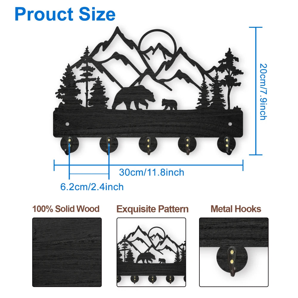 Wolf Forest Wood Wall Coat Rack – 5 Hook Key Holder 11.8in Wall Coat Rack Axl AECH04-06547