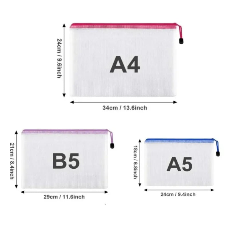 PVC Transparent Mesh Zipper File Bags | 1 or 3 Pack Storage Zipper File Bag Axl