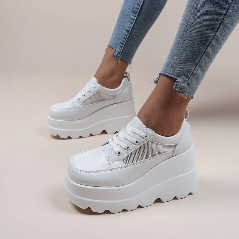 Women's White Wedge Platform Sneakers – Leather Chunky Pumps Wedge Platform Pumps Axl