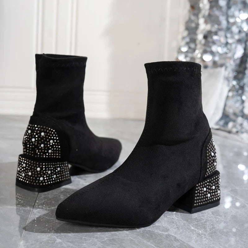 Women's Rhinestone Platform Ankle Boots – Elegant Sock Booties Platform Ankle Boots Axl black 36