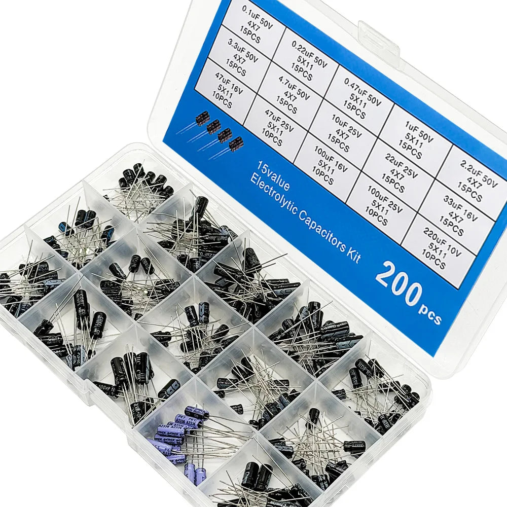 200 PCS Electrolytic Capacitor Kit – 15 Values 10V–50V Capacitor Assortment Kit Axl