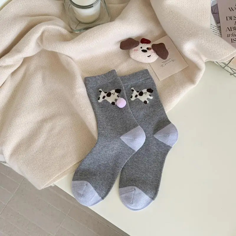 Cute Women's Puppy Socks – Animal Print Cotton Mid-Tube & Fur Ball Novelty Women's Socks Axl One Size Gray