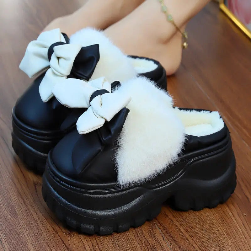Women's Bow Plush High-Heel Slippers – Warm Winter Slides Plush Heel Slippers Axl Black slipper 40-41