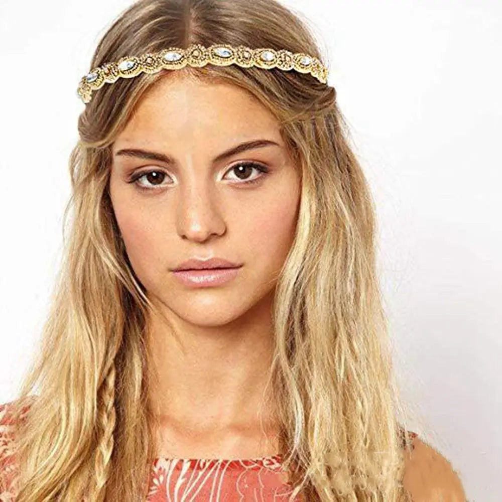 Rhinestone Beaded Headband – Bohemian Elastic Hair Band for Women Beaded Headband Axl