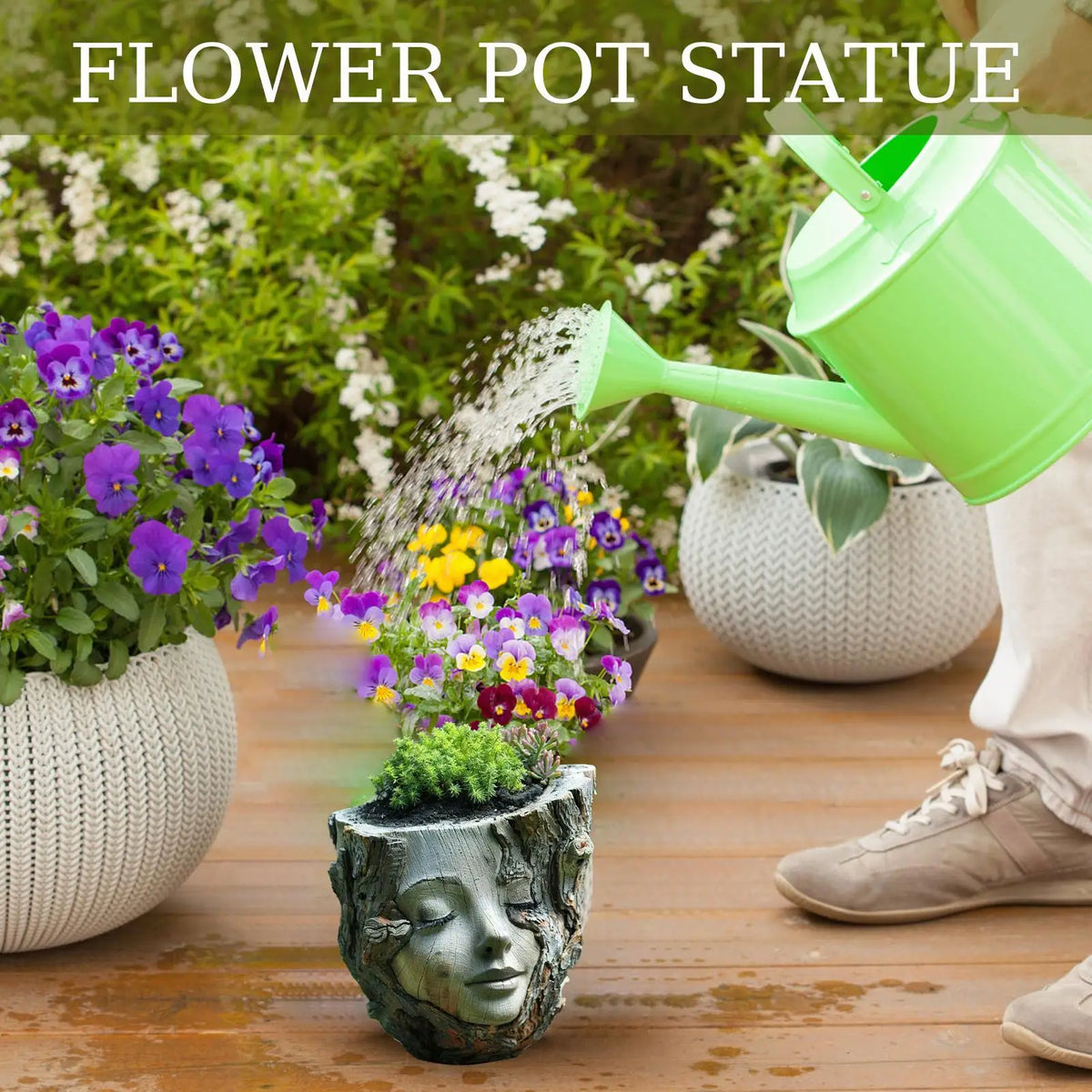 Girl Face Resin Flower Pot – Handmade Tree Stump Garden Statue Decorative Garden Planter Axl