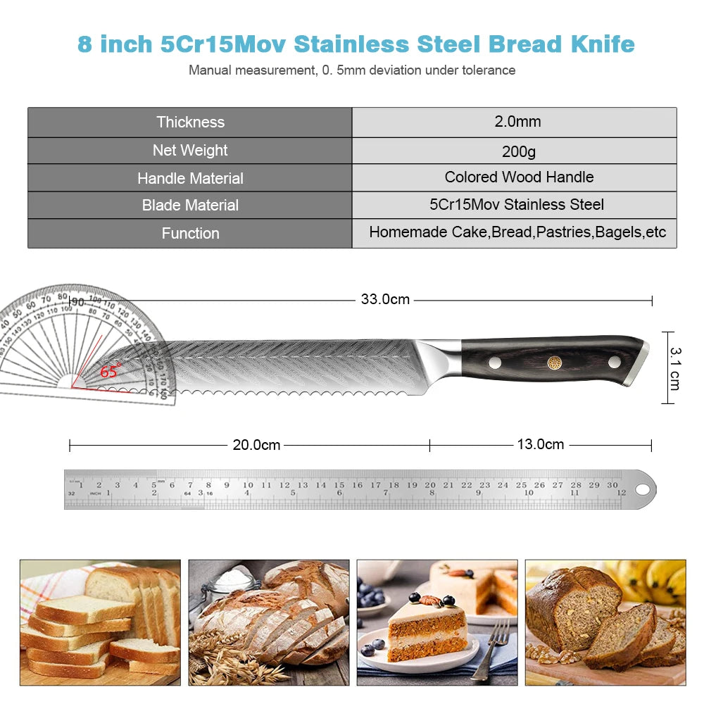 XITUO 8" Serrated Bread Knife – Damascus Steel Laser Blade Serrated Bread Knife Axl