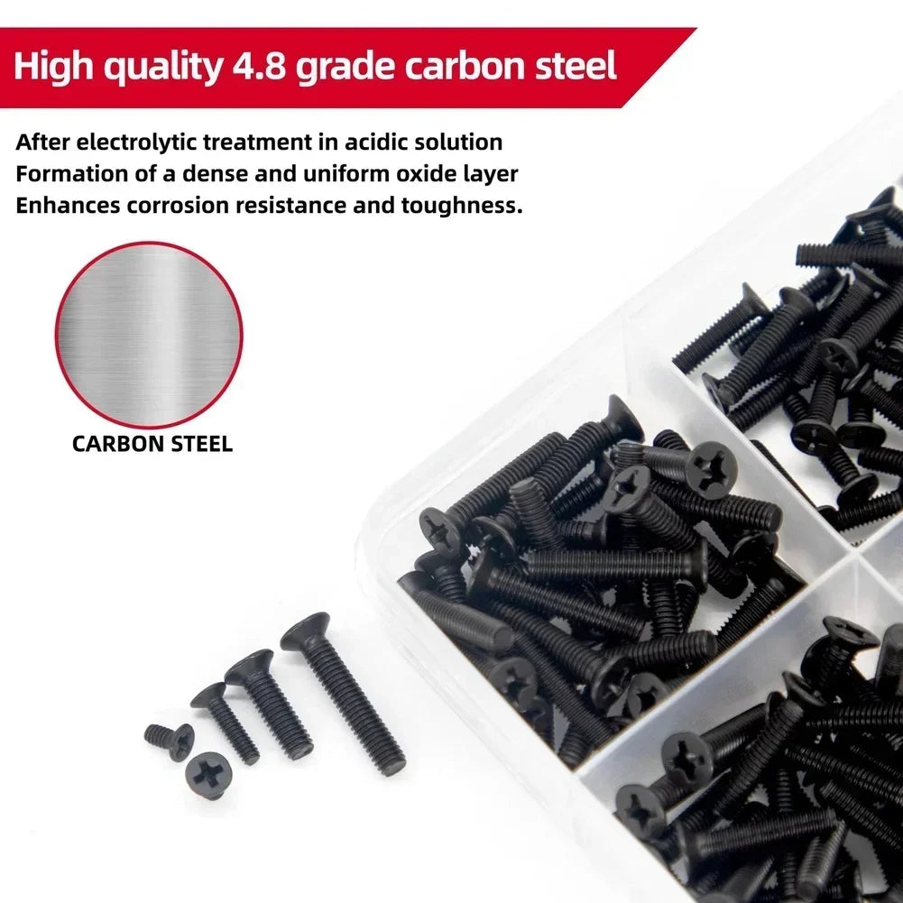 860-Piece M1.2–M3 Black Countersunk Screw Kit | Carbon Steel Screw Assortment Kit Axl