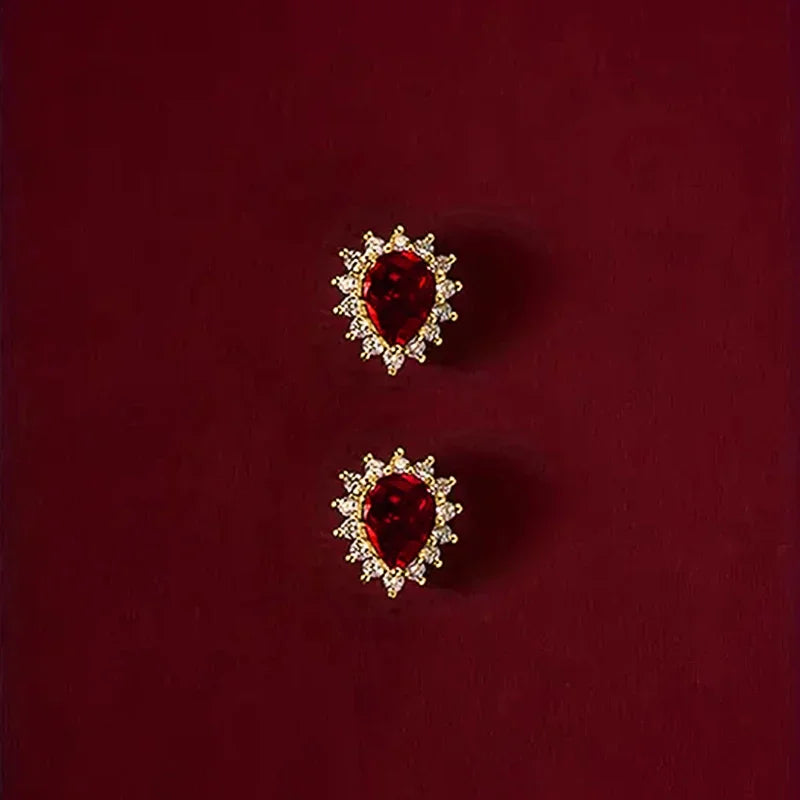 Huitan Red Cubic Zirconia Water Drop Stud Earrings Women Stud Earrings Axl