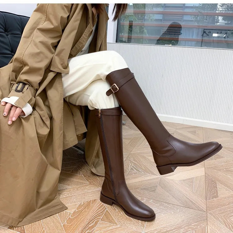 YBQJOO Women's Vintage Knee-High Boots | Belt Buckle Low Heel Knee-High Boots Axl