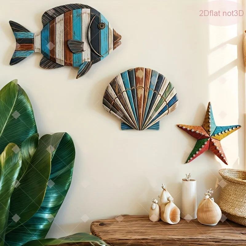 3-Piece Wooden Ocean Art – Fish Shell Starfish Farmhouse Decor Wooden Home Decor Axl