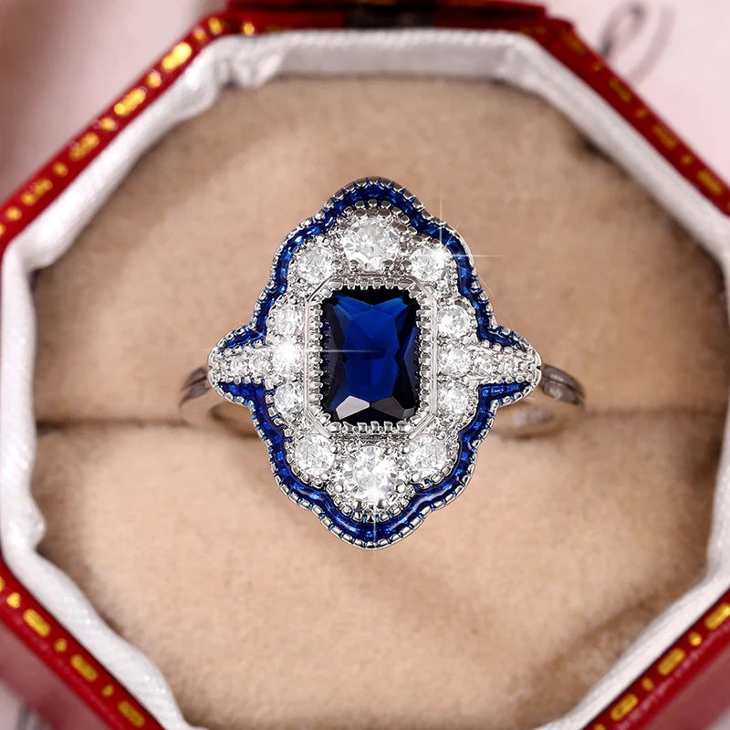 Huitan Blue Enamel Geometric Ring – CZ Women's Fashion Ring Fashion Ring Axl