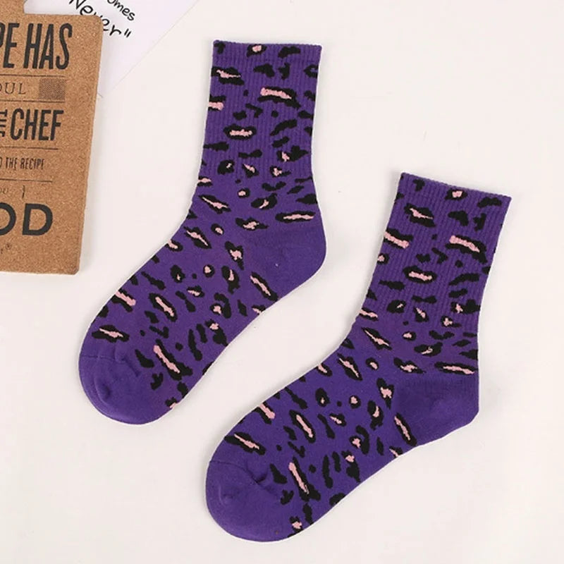 Leopard Print Crew Socks – Unisex Cotton Hip Hop Style Crew Socks Axl purple