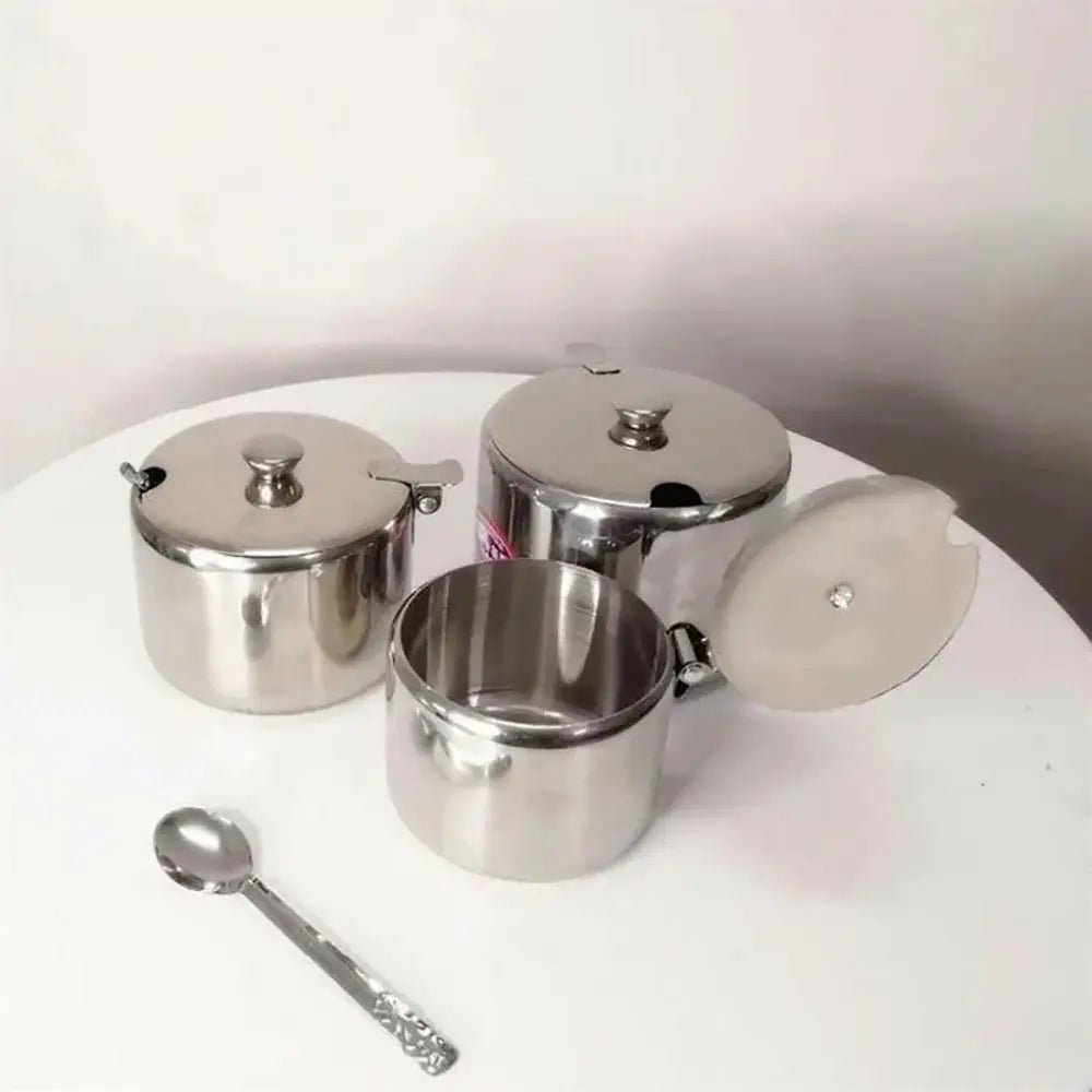 Stainless Steel Sugar Pot with Lid & Spoon | Salt Jam Jar Condiment Storage Jar Axl