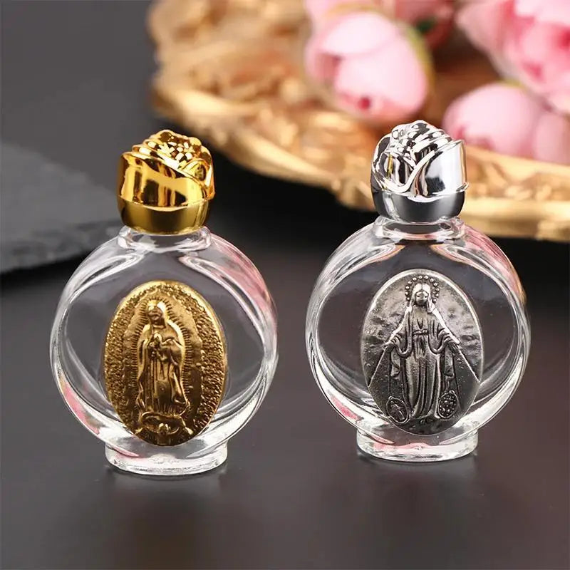 Holy Water Glass Bottle – Christian Virgin & Rose Cross Design Religious Glass Bottle Axl