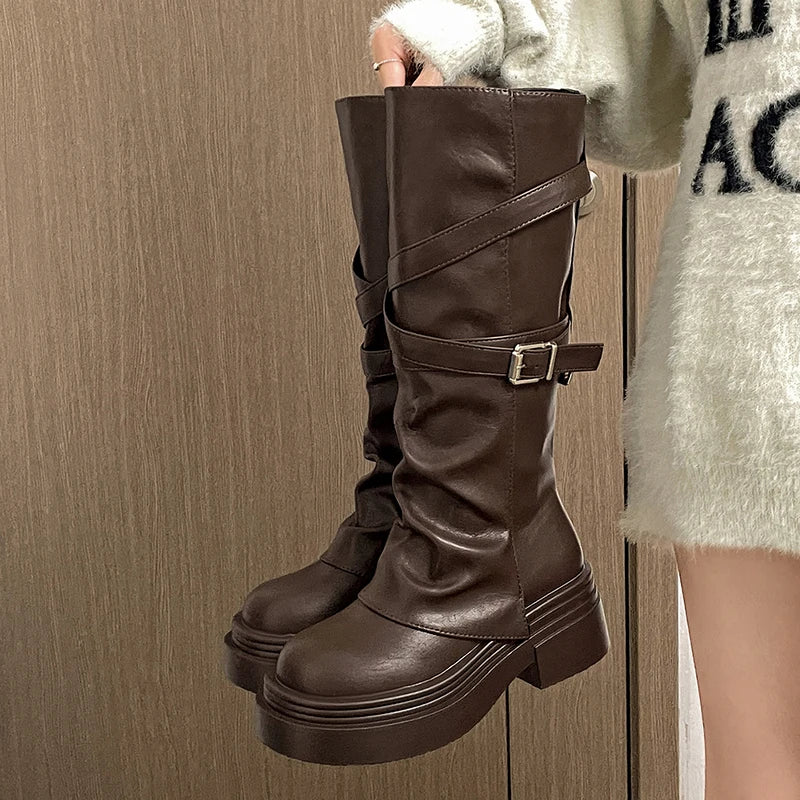 Women's Knee-High Knight Boots – Vintage Block Heel Slip-On Knee-High Boots Axl