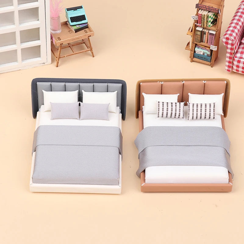 Dollhouse Miniature Cream Double Bed | 1:20 Scale Furniture Model Dollhouse Furniture Axl
