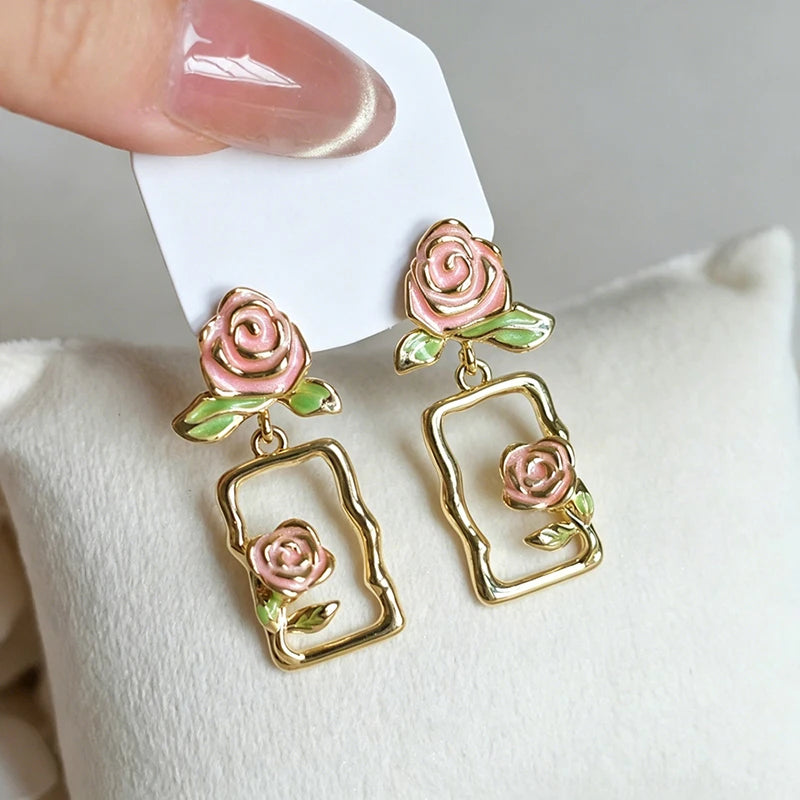 Huitan Pink Enamel Rose Dangle Earrings – Floral Drop Earrings Dangle Drop Earrings Axl