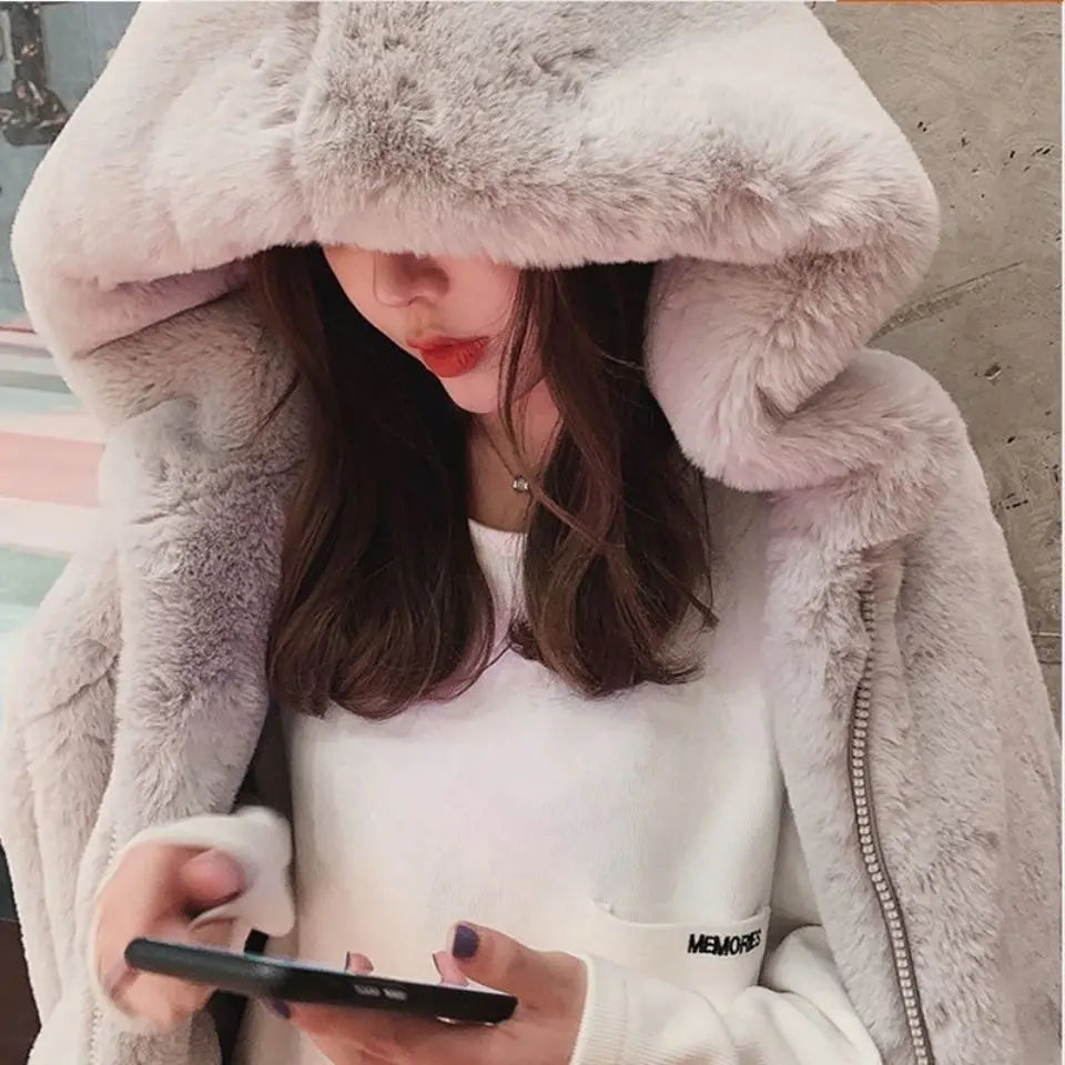 Women's Hooded Faux Fur Coat – Korean Style Plush Fleece Faux Fur Coat Axl
