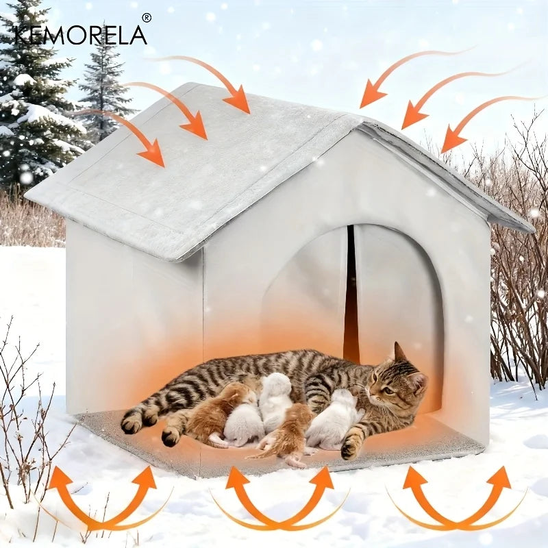 KEMORELA Large Insulated Outdoor Cat House | Oxford Kennel Outdoor Cat House Axl Silvery Grey With Stand