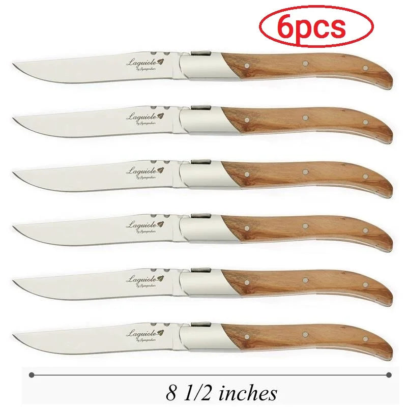 Laguiole Steak Knife Set – Olive Wood Handle, Polished Blade Steak Knife Set Axl 6pcs knives