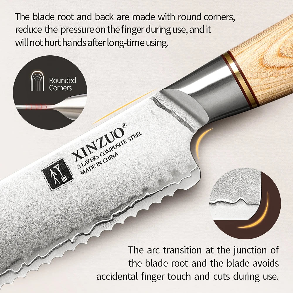 XINZUO 8.5" Bread Knife – 3-Layer Steel & Pakkawood Handle Bread Knife Axl